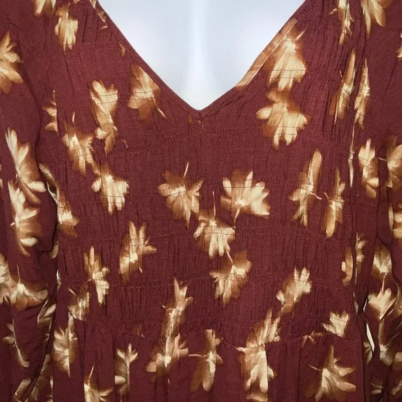 Ava & Viv Size 2X Dress Rust Brown SMOCKED FLORAL MIDI DRESS Long Sleeve V Neck - Picture 4 of 9